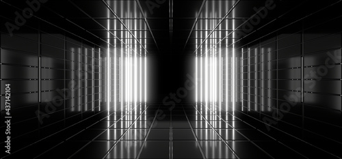 Fototapeta Naklejka Na Ścianę i Meble -  A dark tunnel lit by white neon lights. Reflections on the floor and walls. 3d rendering image.