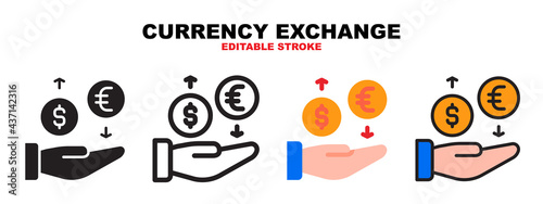 Currency Exchange icon set with different styles. Colored vector icons designed in filled, outline, flat, glyph and line colored. Editable stroke. Can be used for web, mobile, ui and more.