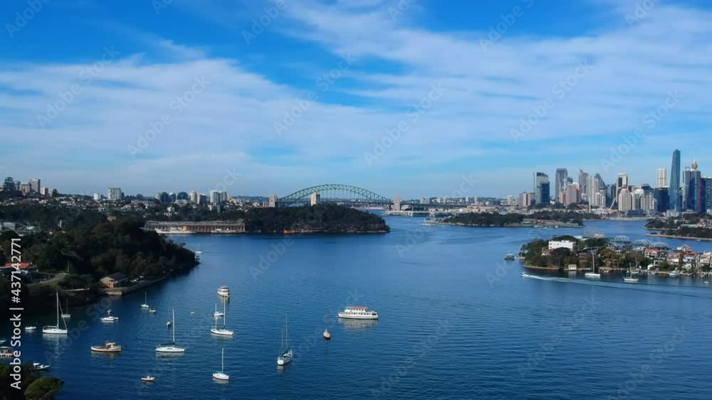 Panoramic Aerial drone view of Sydney Harbour with the bridge CBD North Sydney Barangaroo Lavender Bay ferries and sailboats NSW Australia Panoramic Aerial drone view of Sydney Harbour with the bridge CBD North Sydney Barangaroo Lavender Bay ferries and sailboats NSW Australia