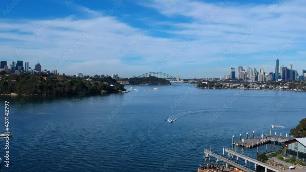 Panoramic Aerial drone view of Sydney Harbour with the bridge CBD North Sydney Barangaroo Lavender Bay ferries and sailboats NSW Australia Panoramic Aerial drone view of Sydney Harbour with the bridge CBD North Sydney Barangaroo Lavender Bay ferries and sailboats NSW Australia