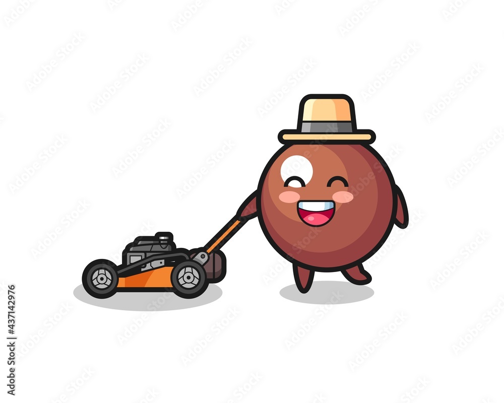 illustration of the chocolate ball character using lawn mower illustration of the chocolate ball character using lawn mower