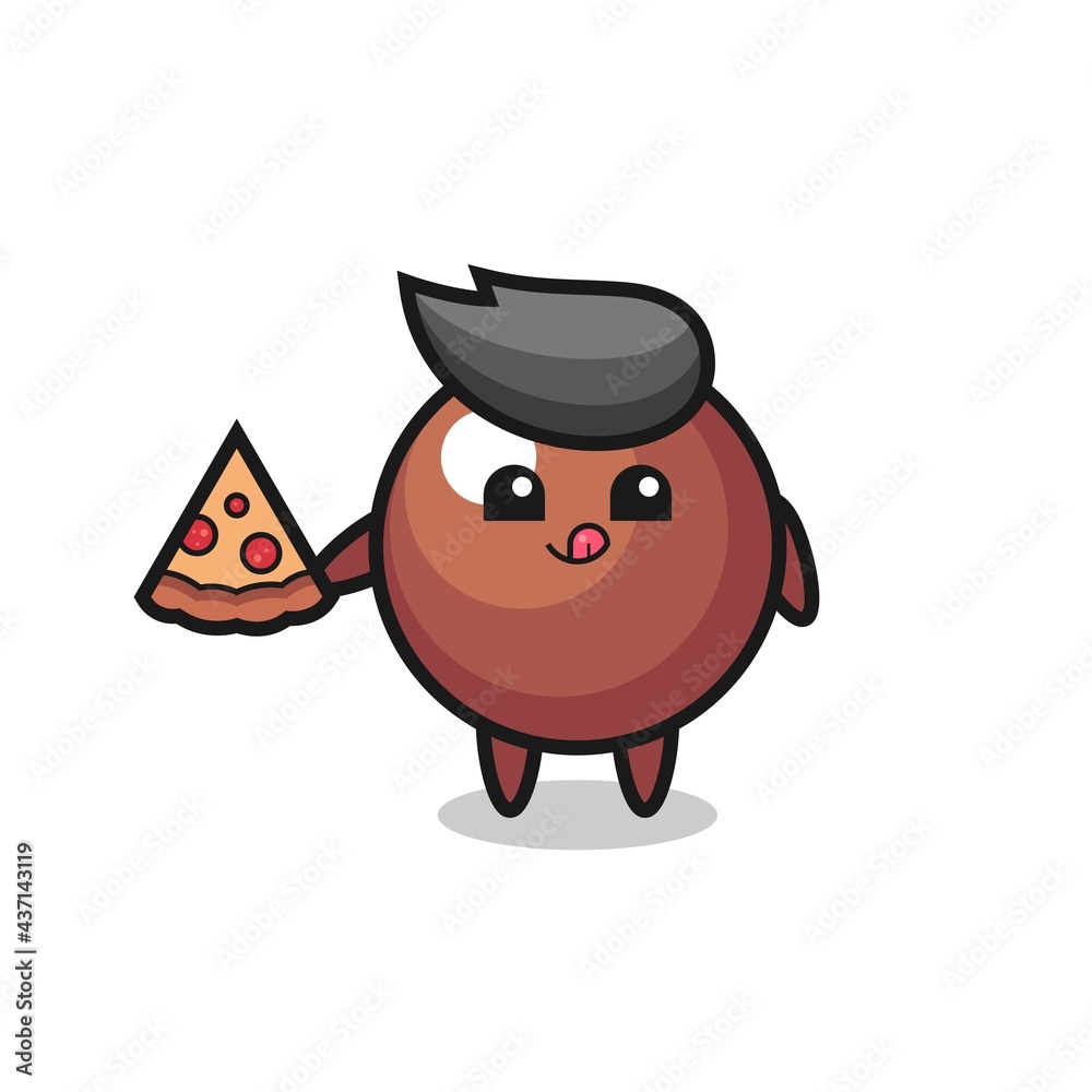 cute chocolate ball cartoon eating pizza