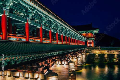 Fototapeta Naklejka Na Ścianę i Meble -  Night view of Woljeonggyo traditional bridge on river in Gyeongju, Korea