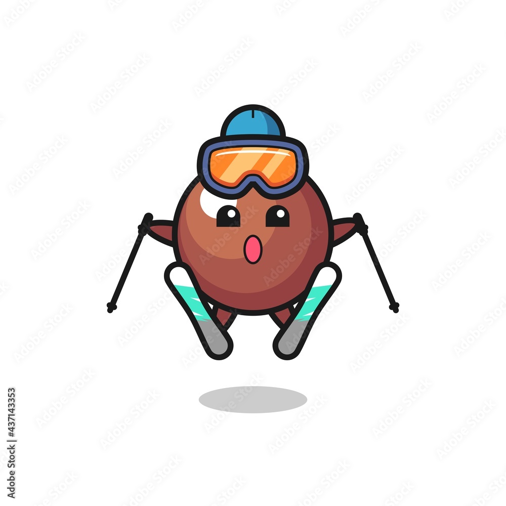 chocolate ball mascot character as a ski player