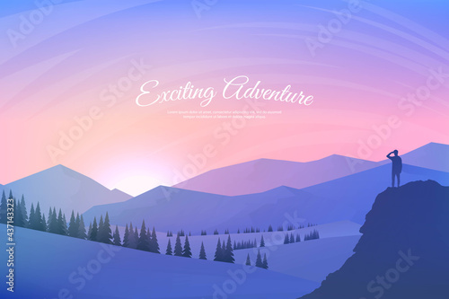 Vector illustration. Travel concept of discovering, exploring and observing nature. Hiking. Adventure tourism. Man looking at view. Mountain, forest, hills. Website template. Natural color wallpaper