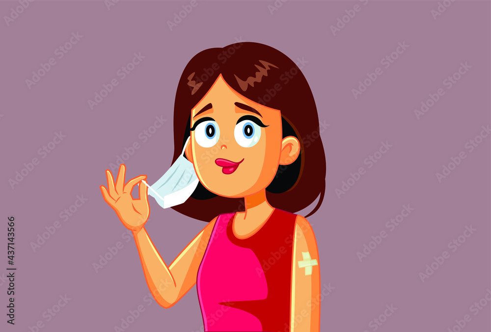Vaccinated Woman Taking Her Mask Off Vector Illustration Vaccinated Woman Taking Her Mask Off Vector Illustration