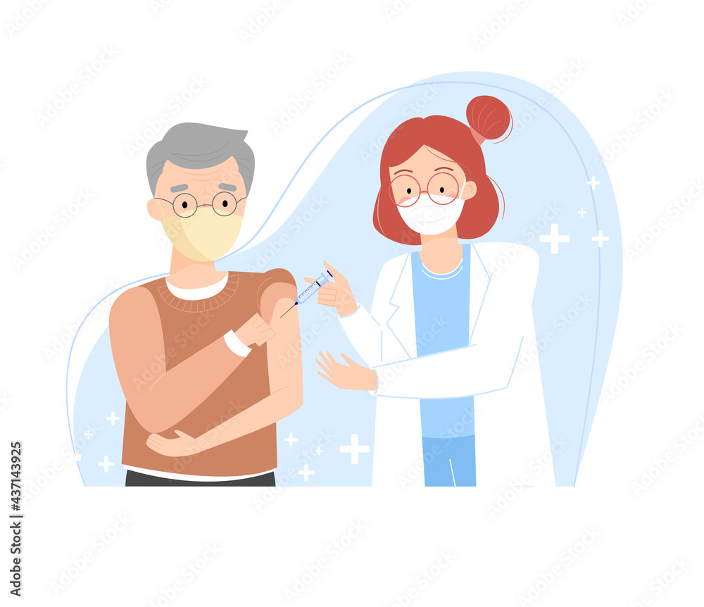 Covid19 vaccination, elderly man getting vaccinated. Doctor injecting a patient in arm muscle. Immunity health concept. Immunization and vaccination campaign of people against Coronavirus.Flat vector. Covid19 vaccination, elderly man getting vaccinated. Doctor injecting a patient in arm muscle. Immunity health concept. Immunization and vaccination campaign of people against Coronavirus.Flat vector.