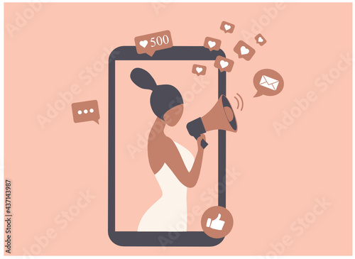 Beautiful woman shouting in loud speaker with social media icons. Influencer social media marketing concept and blogger  vector illustration