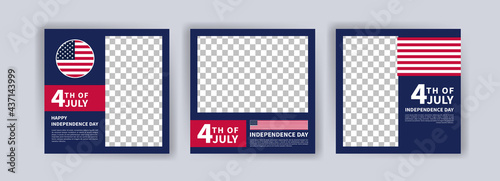 Social media post banner template for US independence day celebration. During July 4th greeting card with flying American national flag on blue background. US state federal patriotic holiday.