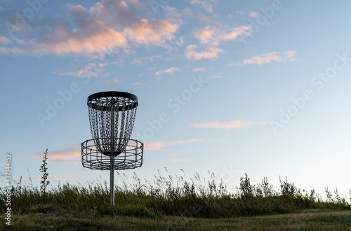 Disc golf target on an early summer evening. Room for copy