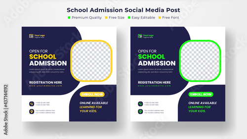 School Students Admission social media post, promotional discount Back to school admission social media post banner template Design.Back to School admission by social media Instagram,Facebook post kit