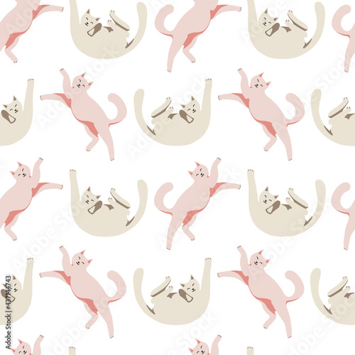 Fototapeta Naklejka Na Ścianę i Meble -  Seamless pattern with cute cat. Playing cat. Vector hand drawn illustration. Lazy cats. The print is used for Wallpaper design, fabric, textile, packaging.