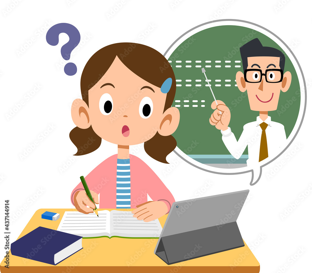疑問を持つオンラインで授業を受ける小学生の女の子
疑問を持つオンラインで授業を受ける小学生の女の子