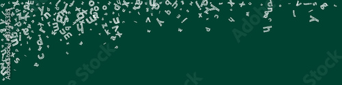 Falling letters of English language. Sketch chalk flying words of Latin alphabet. Foreign languages study concept. Symmetrical back to school banner on blackboard background.