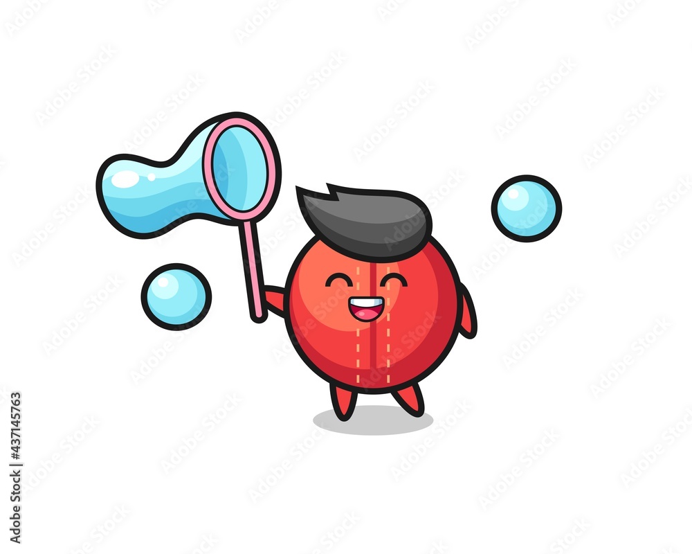 Fototapeta premium happy cricket ball cartoon playing soap bubble