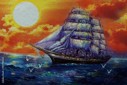  Auspiciousness  ,  Art painting oil color sailboat ,       barque lucky   ,  junk boat photo