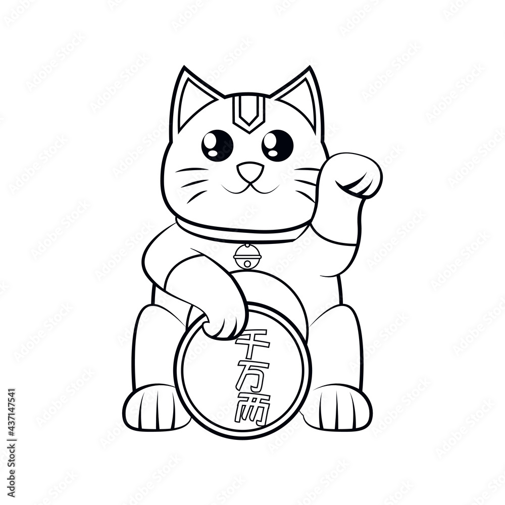 Fototapeta premium Isolated kawaii asian cat. Neko with one hand up Vector