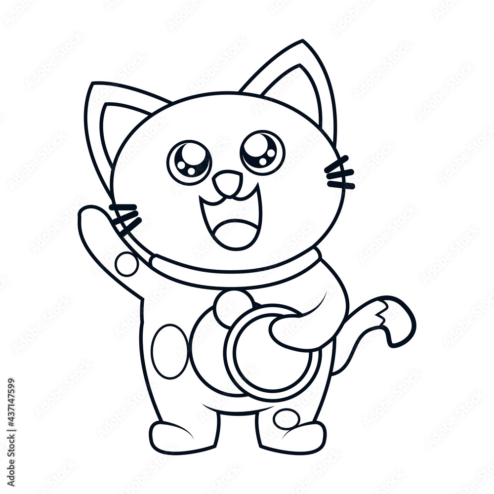 Isolated kawaii asian cat. Neko with one hand up Vector Isolated kawaii asian cat. Neko with one hand up Vector