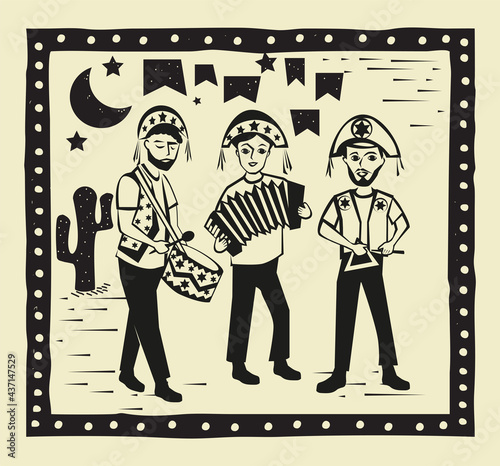 Musicians playing in Festa Junina vector. Traditional Brazilian music concept. Woodcut style illustration.  photo