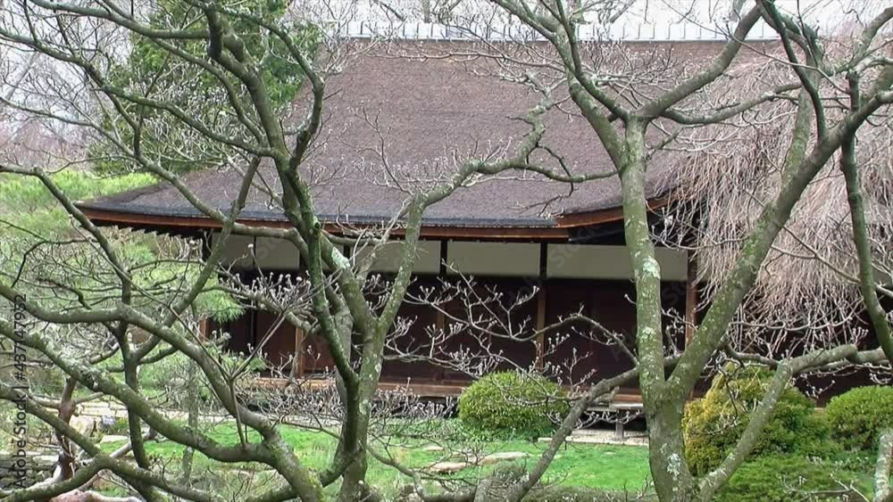 Japanese house seen through the branches of a dogwood tree in early spring. Japanese house seen through the branches of a dogwood tree in early spring.