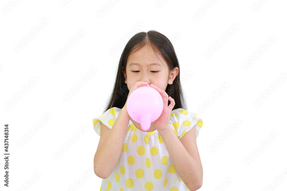 Pretty Asian little child girl blowing balloon isolated on white background Pretty Asian little child girl blowing balloon isolated on white background