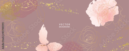 minimal background in pink flowers and tropical summer leaf with golden metallic texture gallery wall art vector 