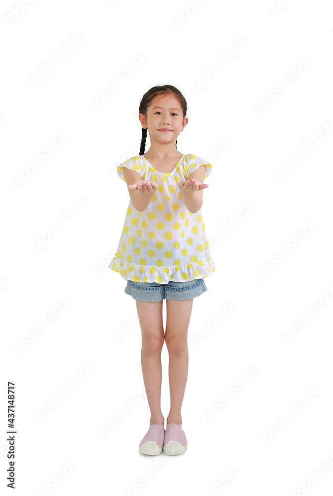 Asian little child girl standing with expression hands to get and support something isolated on white background. Full length Asian little child girl standing with expression hands to get and support something isolated on white background. Full length