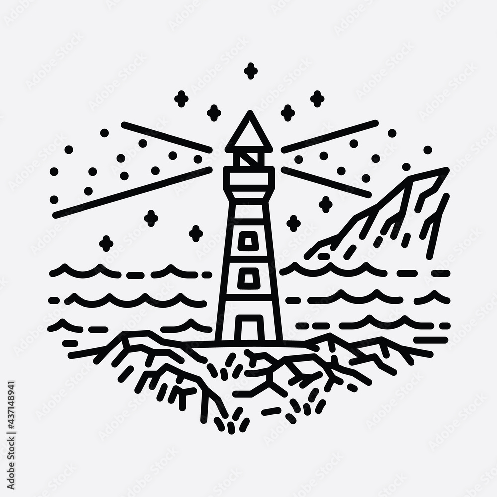 Beach nature lighthouse adventure wild line badge patch pin graphic illustration vector art t-shirt design