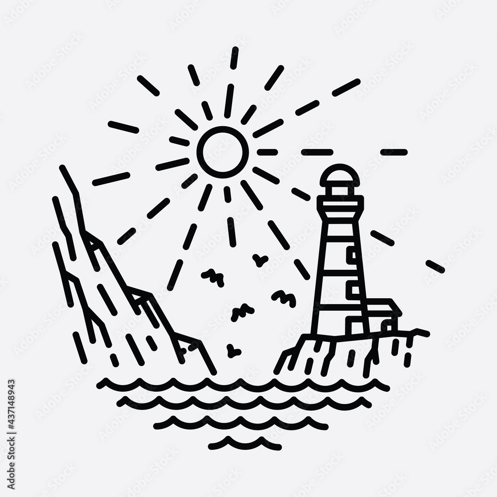 Beach nature lighthouse adventure wild line badge patch pin graphic illustration vector art t-shirt design