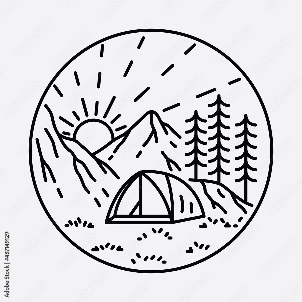 Camping nature adventure wild line badge patch pin graphic illustration vector art t-shirt design Camping nature adventure wild line badge patch pin graphic illustration vector art t-shirt design