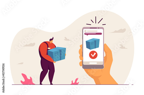 Delivery man holding box. Phone in hand with notification about package arriving flat vector illustration. Delivery service or application concept for banner, website design or landing web page