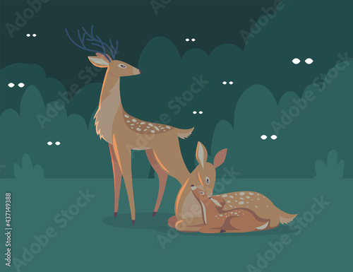 Deer family at night cartoon illustration. Male deer looking around cautiously, female and baby lying on grass. Eyes of predators hiding in bushes. Wildlife concept for website design or landing page