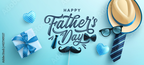 Father's Day poster or banner template with hat,necktie and gift box on blue background.Greetings and presents for Father's Day in flat lay styling.Promotion and shopping template for love dad