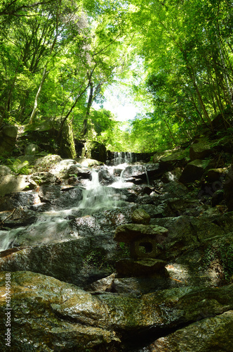 In the forest,Water sliding down the rocks and stone lantern