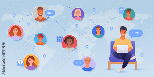Online communication around the world with a man using laptop and people icons. Online webinar. Group chat. Online networking concept vector illustration.