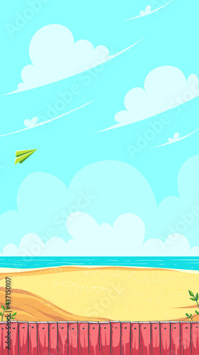 Vertical game field. Green paper airplane flying in the clouds