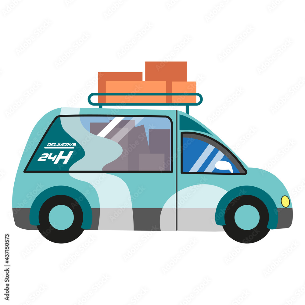 Isolated delivery car with packages and text