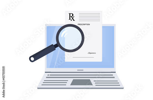 Prescription rx online. Electronic digital search or signing of a medical recipe over the Internet. Document form on laptop screen with magnifying glass for prescribing medicines. Vector illustration