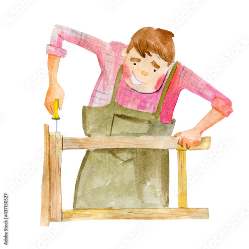 A carpenter makes furniture. Watercolour illustration
