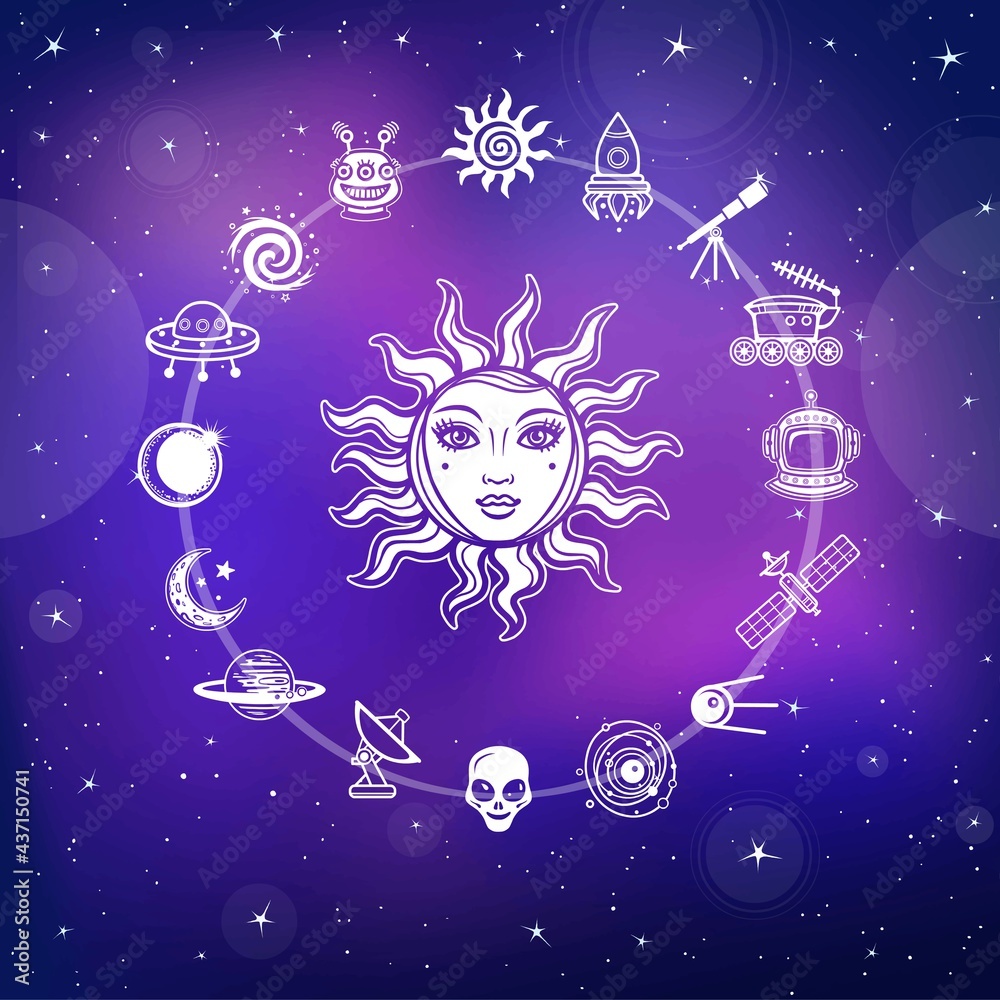 Fototapeta premium Space drawing: the sun with a human face, set of technological icons. Background - the night star sky. Print, poster, t-shirt, card. Vector illustration.