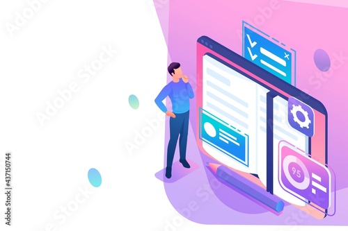 Isometry Web Design Template. Man is Studying Educational Material on a Tablet. Online Learning. Vector Illustration