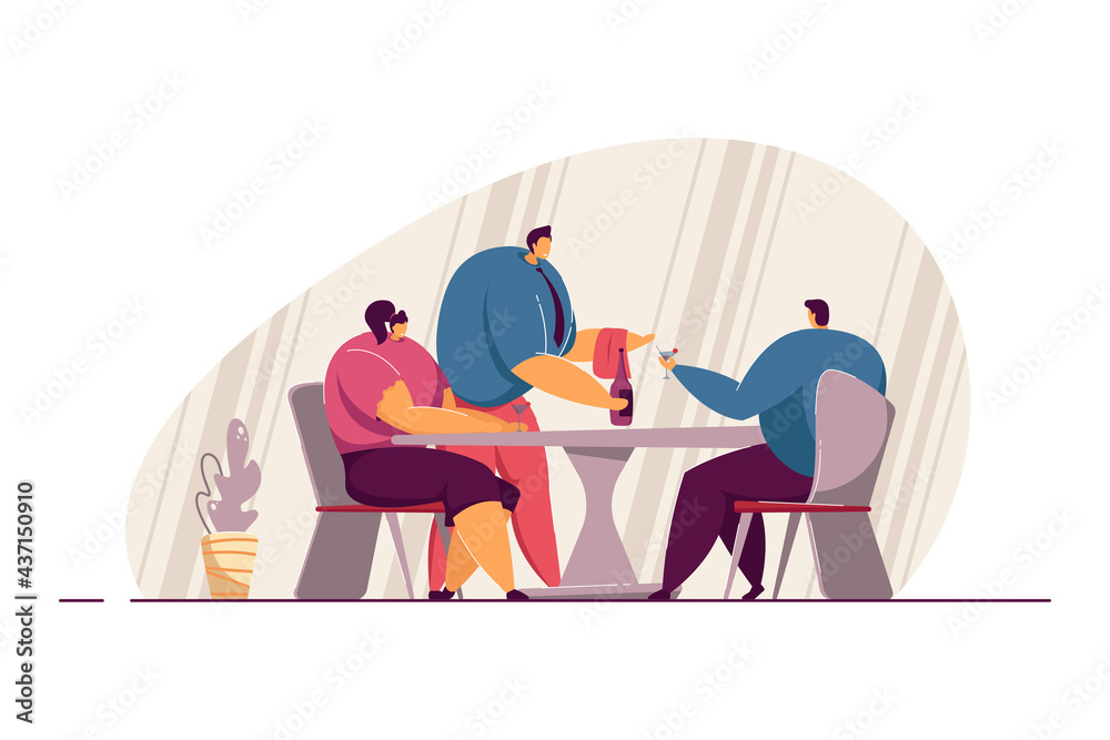 Fototapeta premium Waiter serving couple at restaurant. Male character bringing bottle of alcohol to man and woman flat vector illustration. Romance, dating, love concept for banner, website design or landing web page