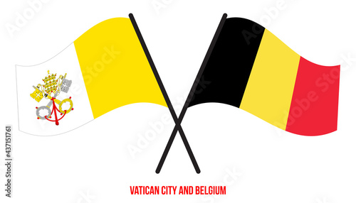 Vatican City and Belgium Flags Crossed And Waving Flat Style. Official Proportion. Correct Colors.