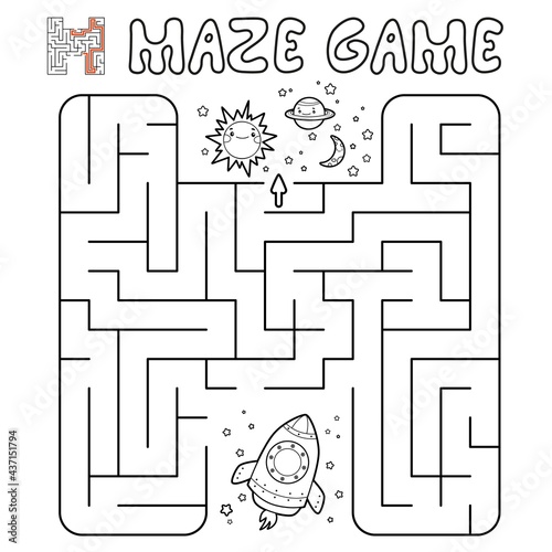 Maze puzzle game for children. Outline maze or labyrinth game with rocket.