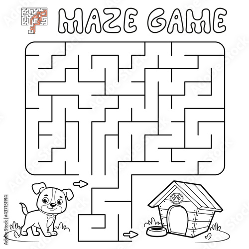 Maze puzzle game for children. Outline maze or labyrinth game with dog.