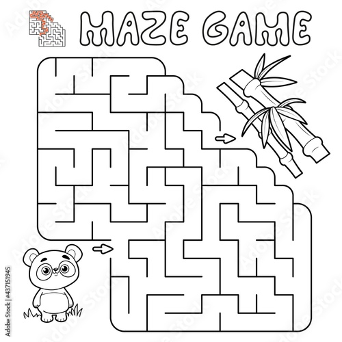 Maze puzzle game for children. Outline maze or labyrinth game with panda.