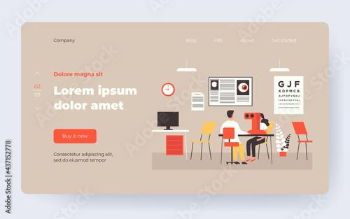Experienced ophthalmologist checking patient vision flat vector illustration. Cartoon oculist making eye surgery laser correction. Optical medicine and healthcare concept