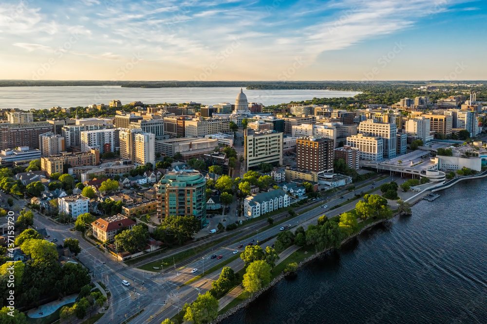 Fototapeta premium Aerial view of Madison city downtown at sunset