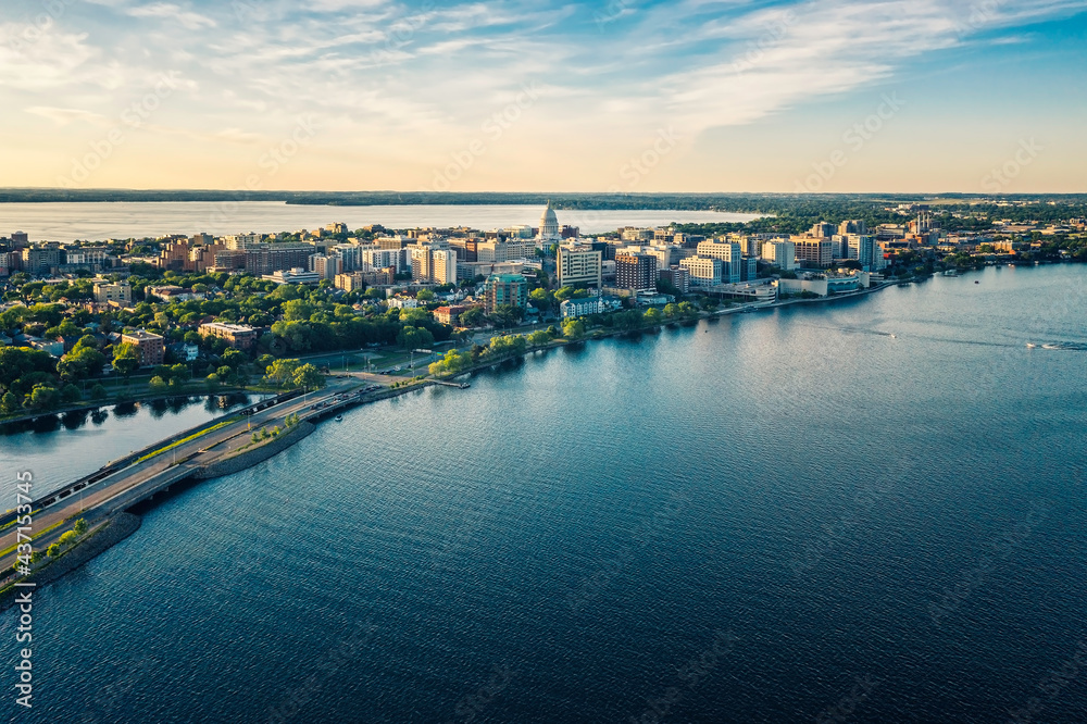 Aerial panorama of Madison downtown at sunset
