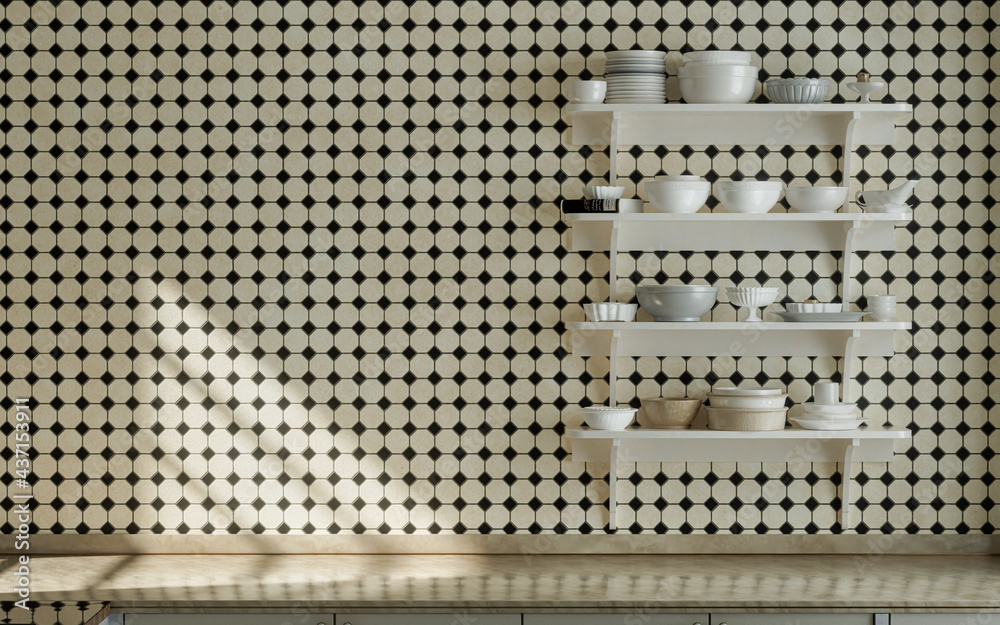 Warm morning kitchen scene, wall hung kitchen shelf with sunshine, ceramic small diamond tiles wall 3d rendering Warm morning kitchen scene, wall hung kitchen shelf with sunshine, ceramic small diamond tiles wall 3d rendering